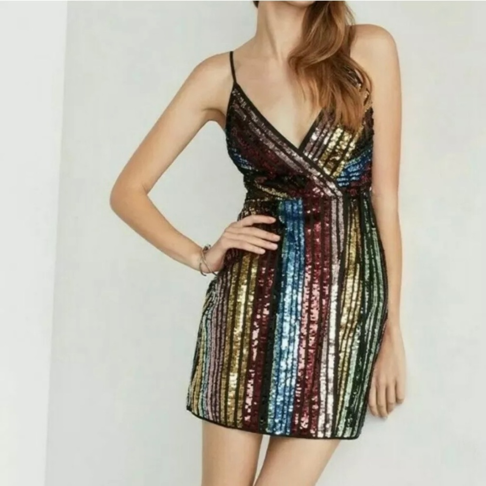 BCBG MAXAZRIA Sequin Cocktail Wrap Dress Black Combo Multicolor Stripe, Size 4